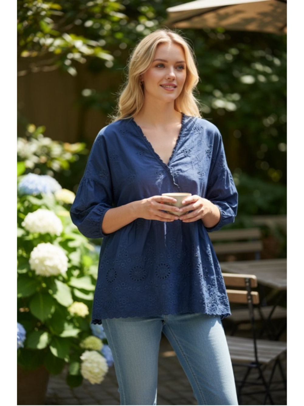 J Jill Navy Eyelet Embroidered Tunic Top Medium Coastal Boho #ZZ